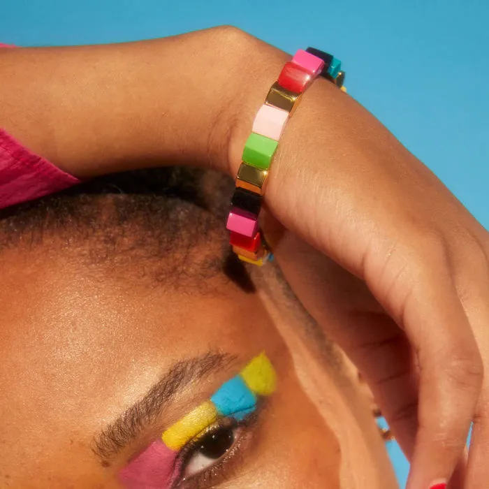 KM JEWELRY: PRISM STUD ELASTICATED BEAD BRACELET GOLD/MULTI