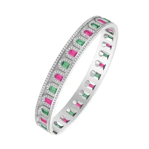 L’Arc Deco Platinum Bangle DAVIDOR Arch Cut Pink and Green Tourmalines and Brilliant Diamonds