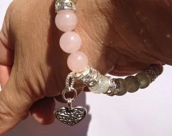 Love: Natural Rose Quartz, Rhodochrosite, & Prehnite Gemstone Beaded Energy Stretch Bracelet