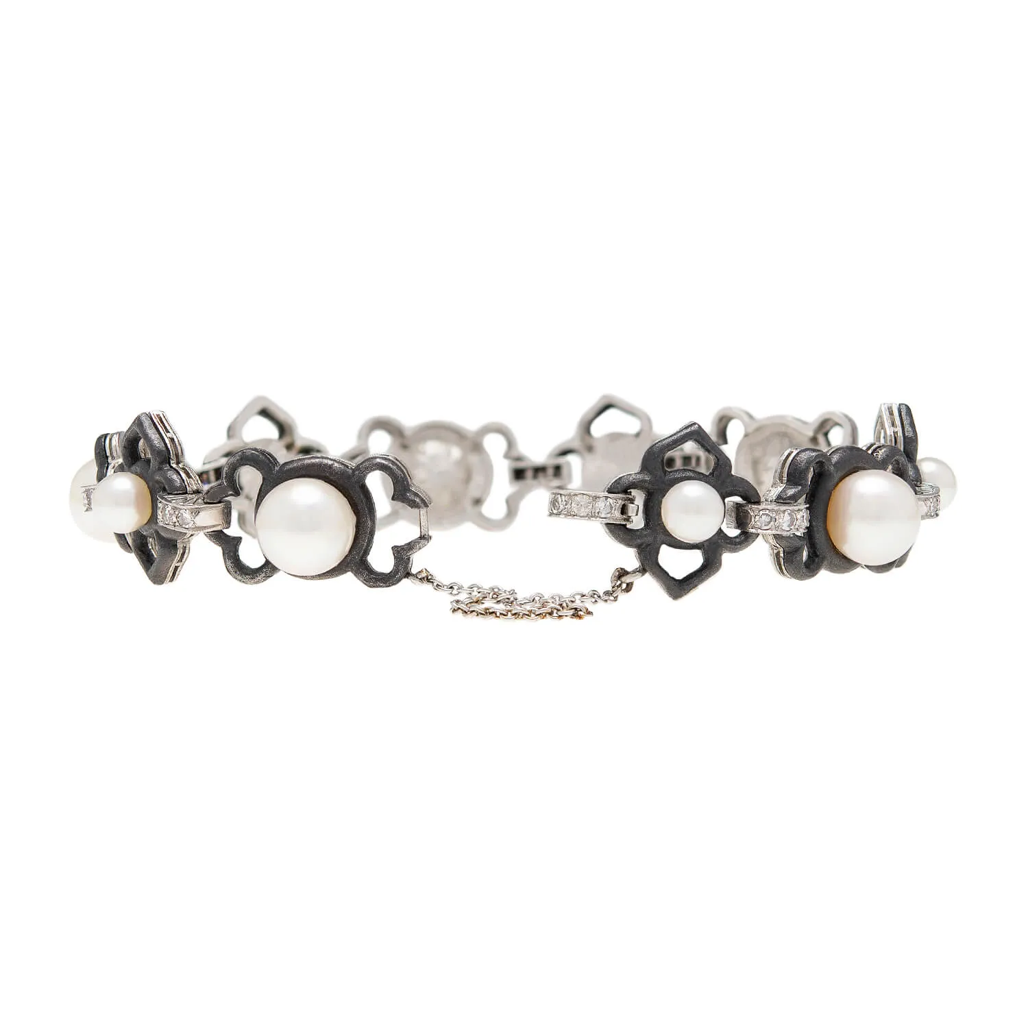 MARSH & COMPANY Vintage Platinum   Steel Pearl   Diamond Link Bracelet