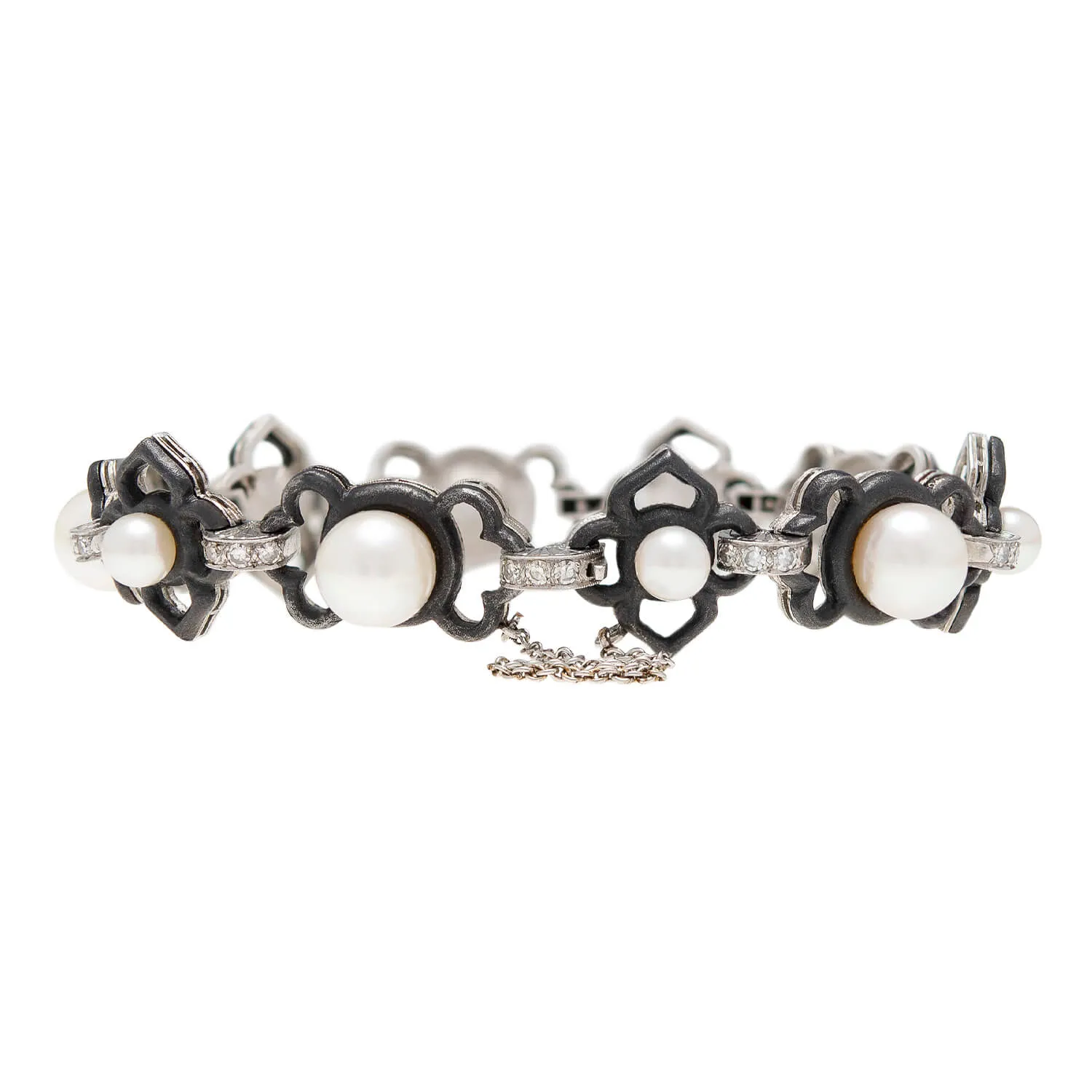 MARSH & COMPANY Vintage Platinum   Steel Pearl   Diamond Link Bracelet
