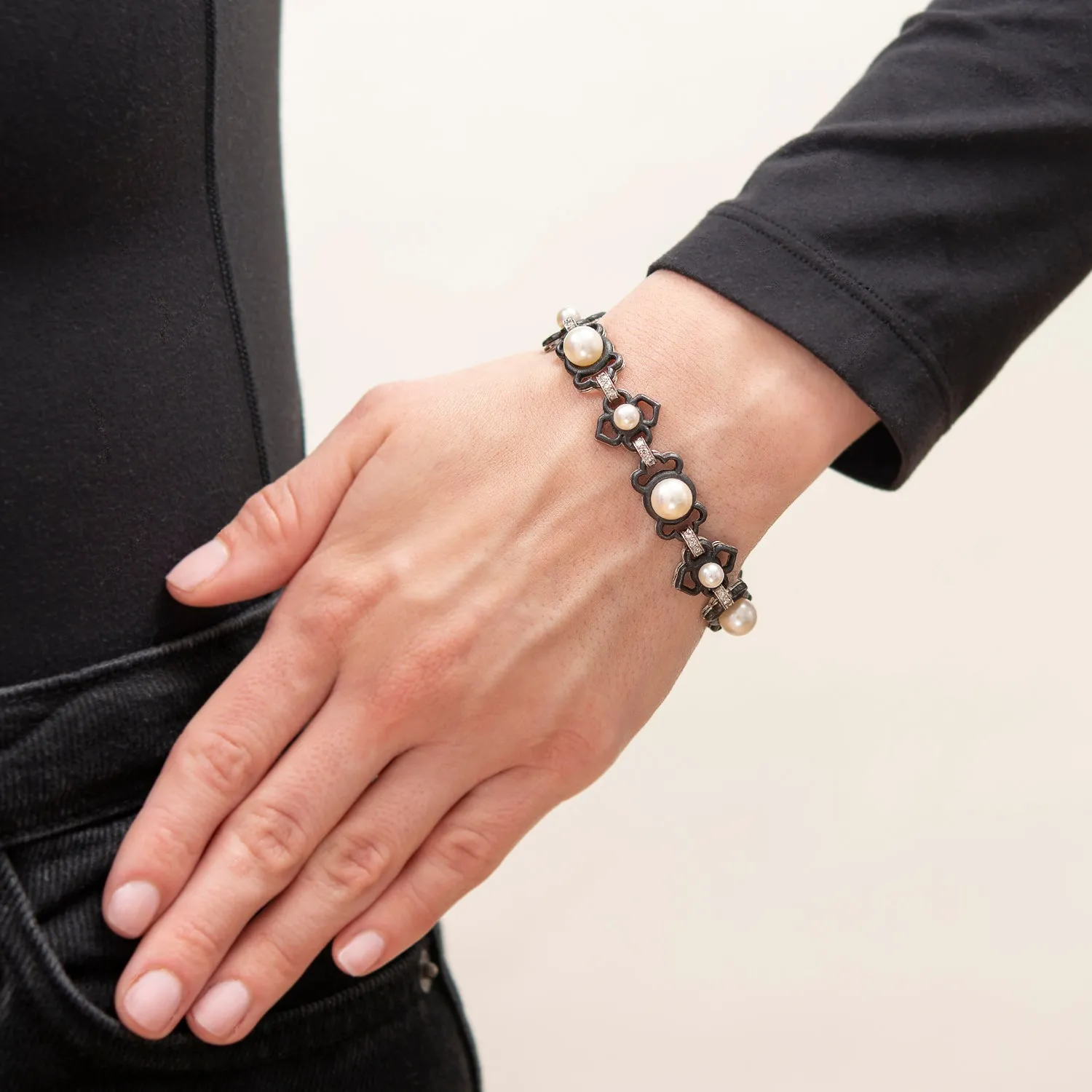 MARSH & COMPANY Vintage Platinum   Steel Pearl   Diamond Link Bracelet