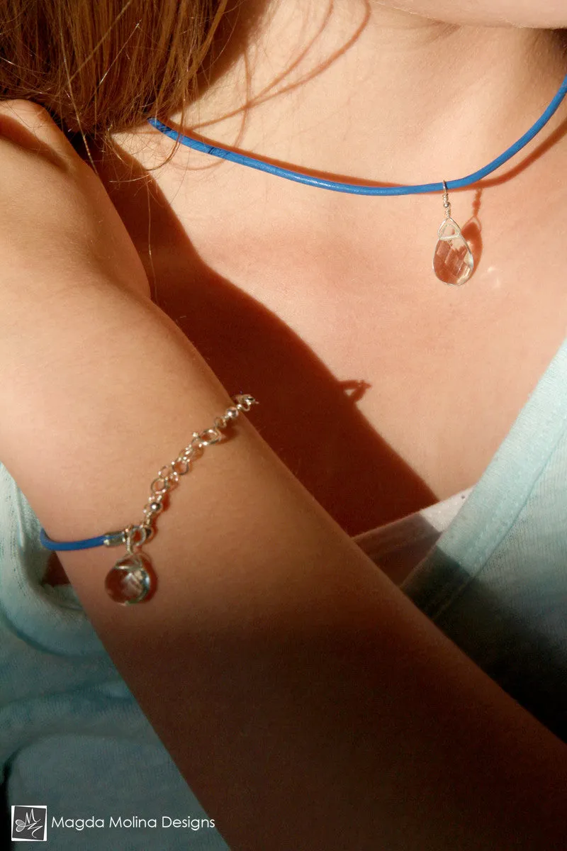 Mini Goddess (children) Blue or Pink Leather & Quartz Drop Necklace