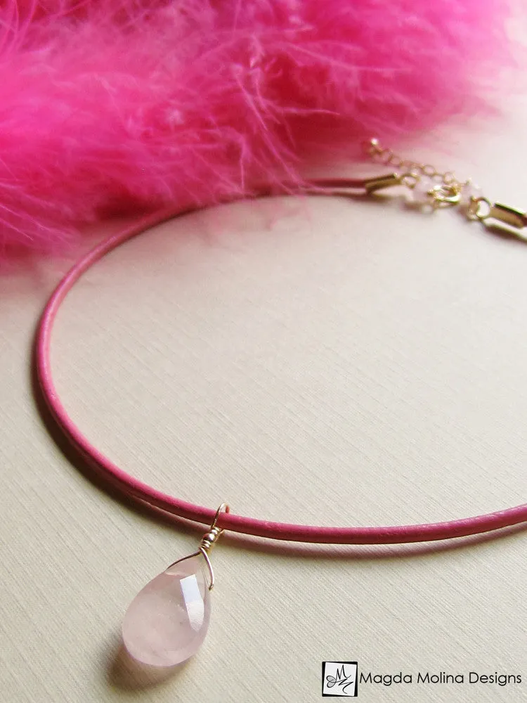 Mini Goddess (children) Blue or Pink Leather & Quartz Drop Necklace