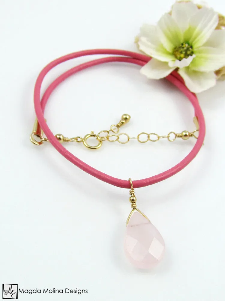 Mini Goddess (children) Blue or Pink Leather & Quartz Drop Necklace