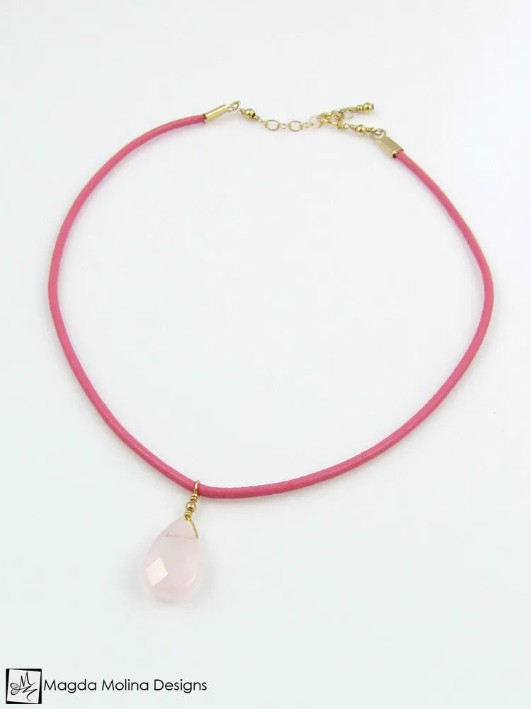 Mini Goddess (children) Blue or Pink Leather & Quartz Drop Necklace