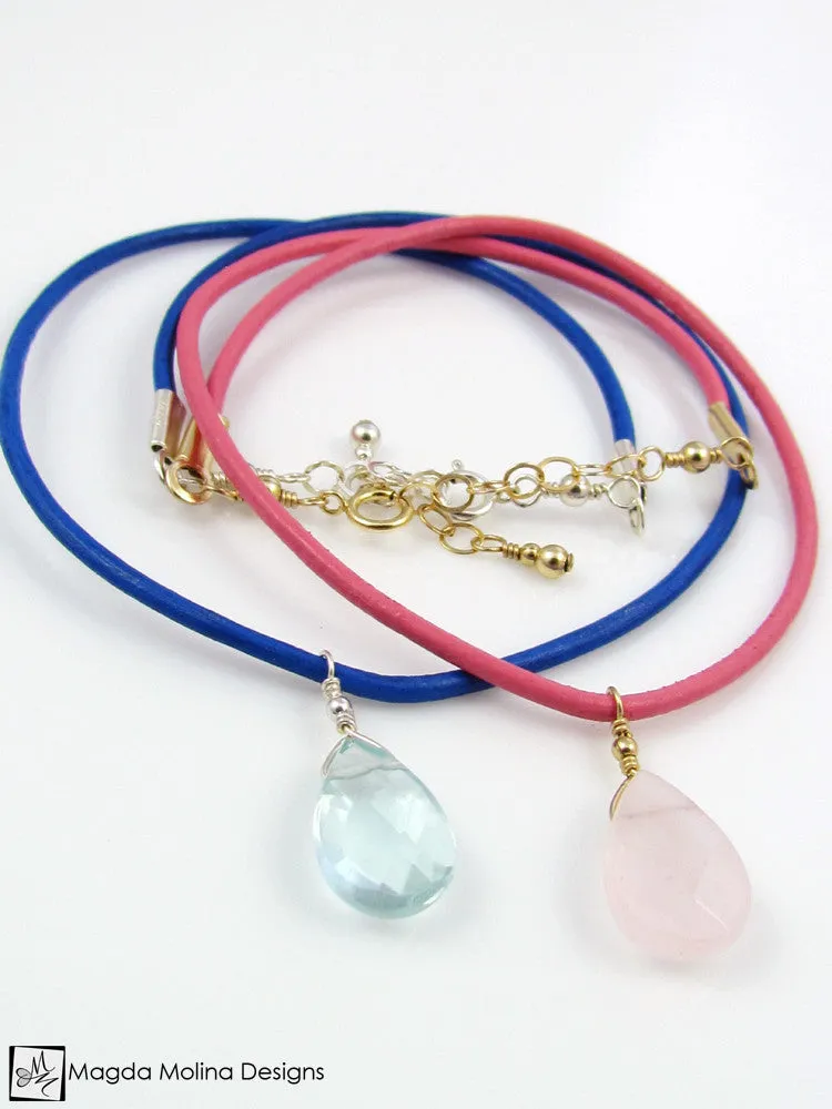 Mini Goddess (children) Blue or Pink Leather & Quartz Drop Necklace