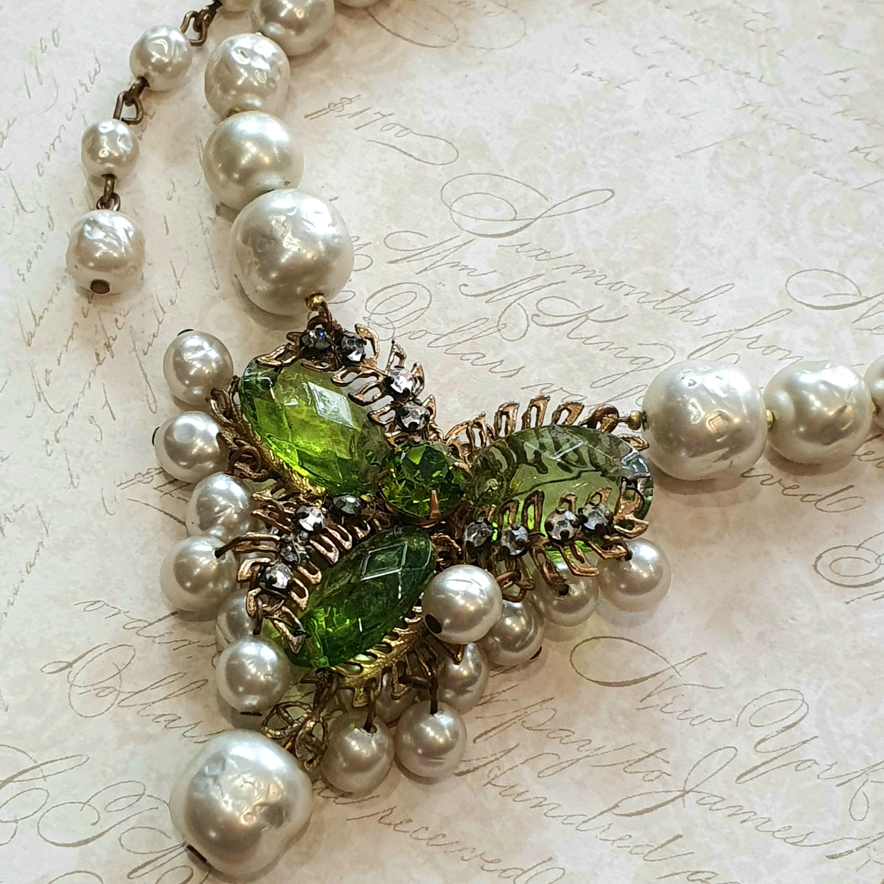 Miriam Haskell Vintage Necklace Pearl Green Glass