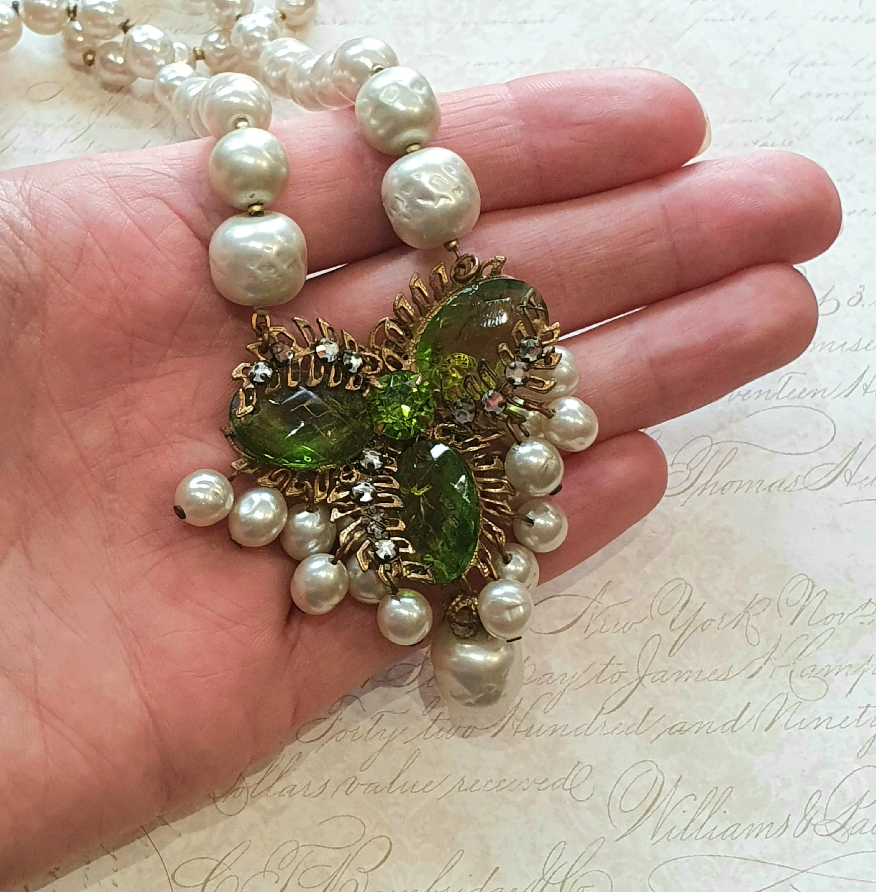 Miriam Haskell Vintage Necklace Pearl Green Glass
