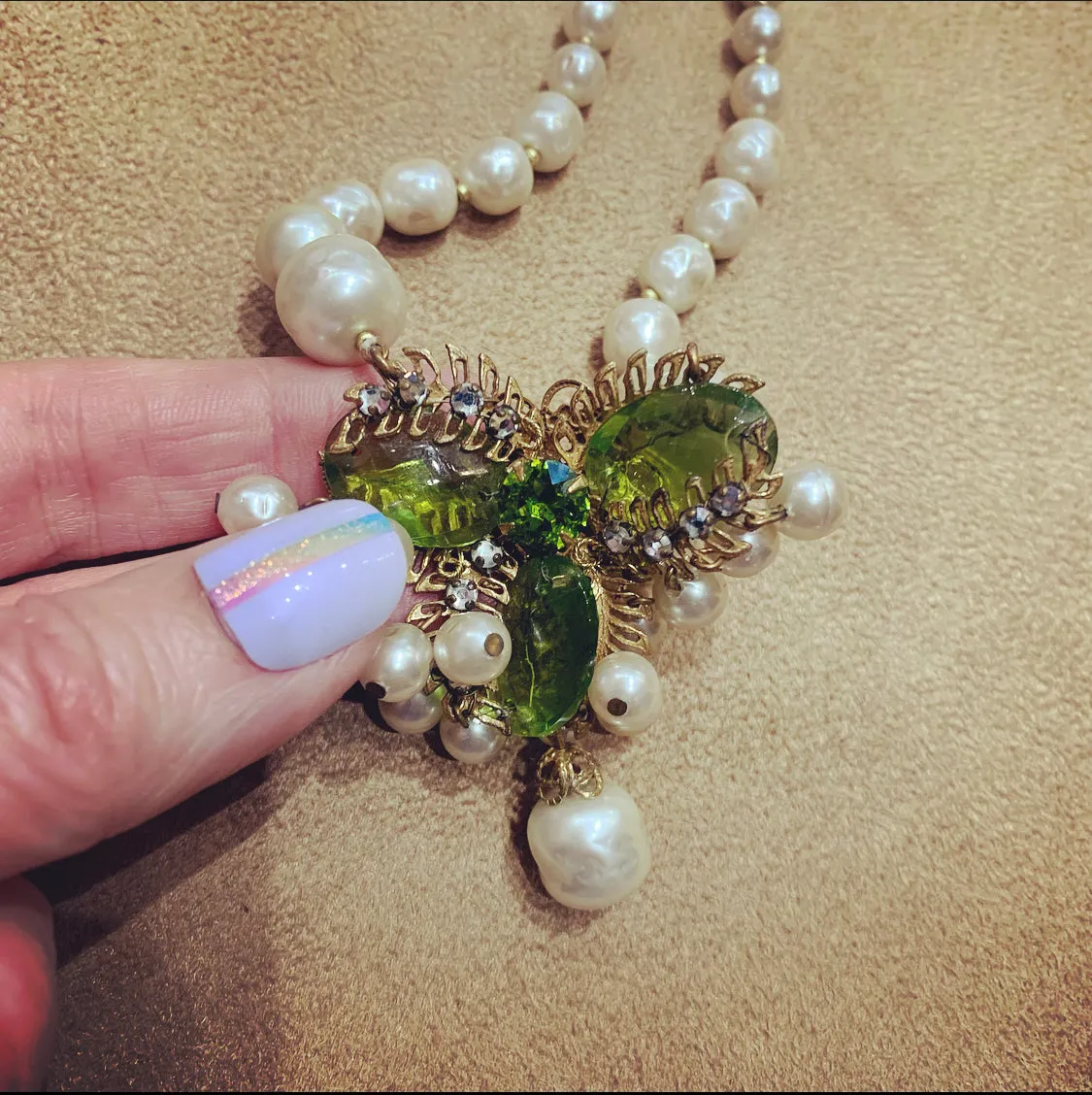 Miriam Haskell Vintage Necklace Pearl Green Glass