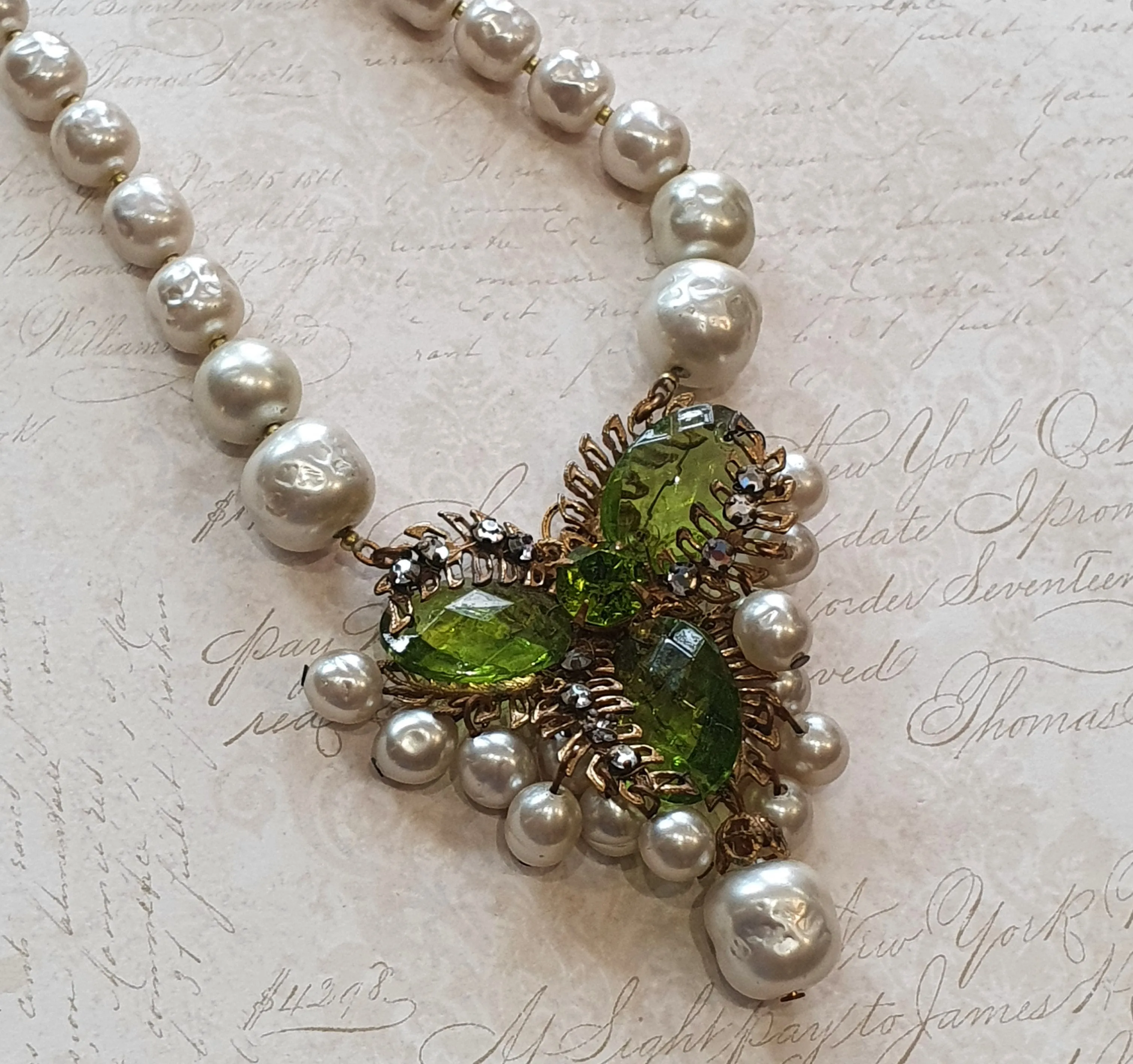 Miriam Haskell Vintage Necklace Pearl Green Glass