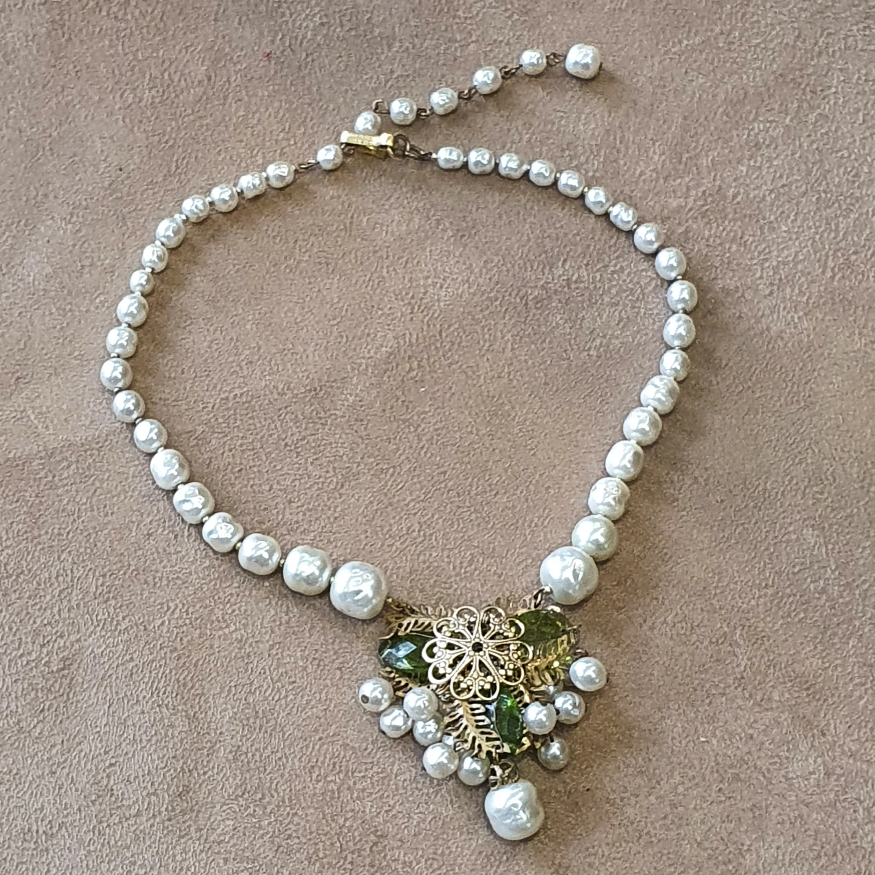 Miriam Haskell Vintage Necklace Pearl Green Glass
