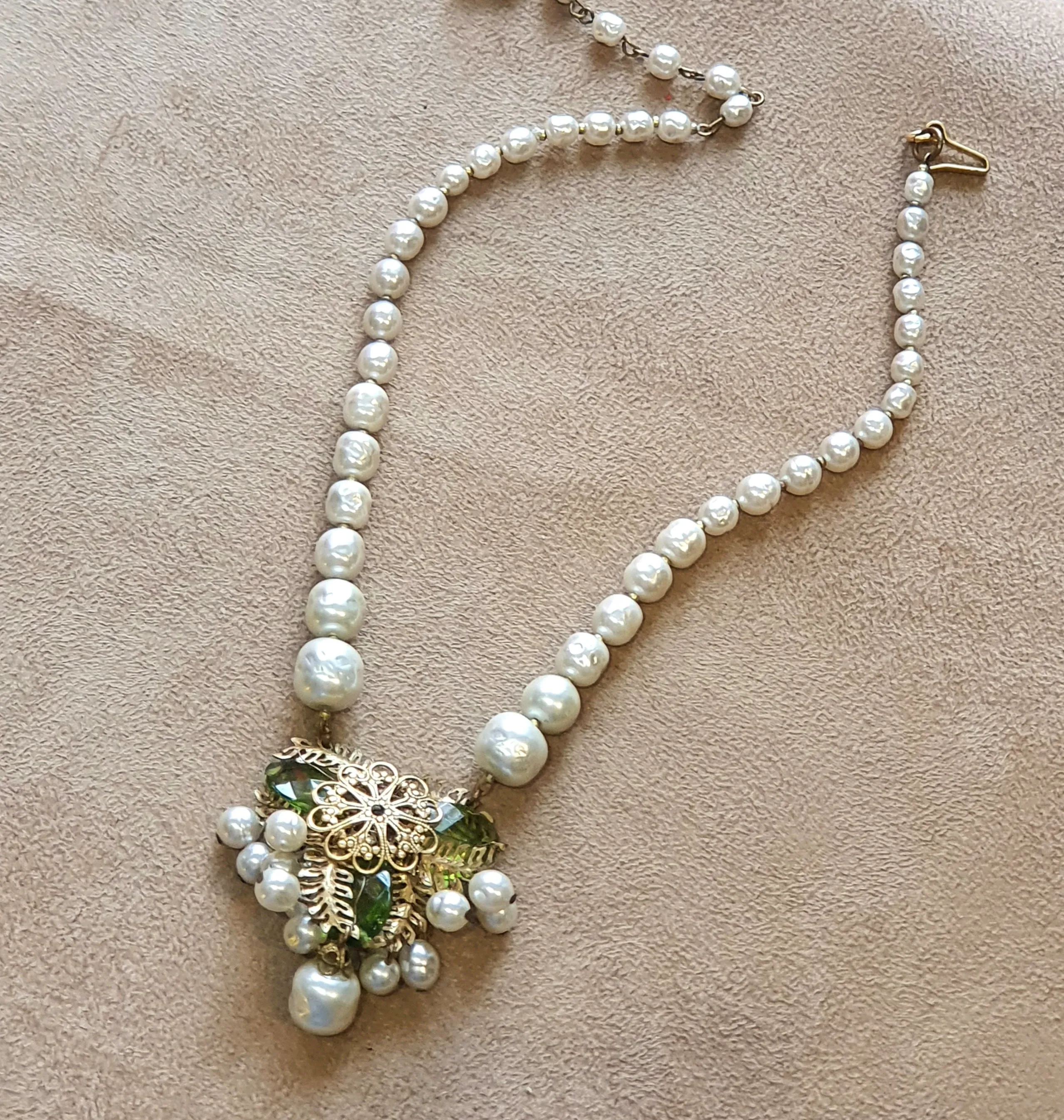 Miriam Haskell Vintage Necklace Pearl Green Glass