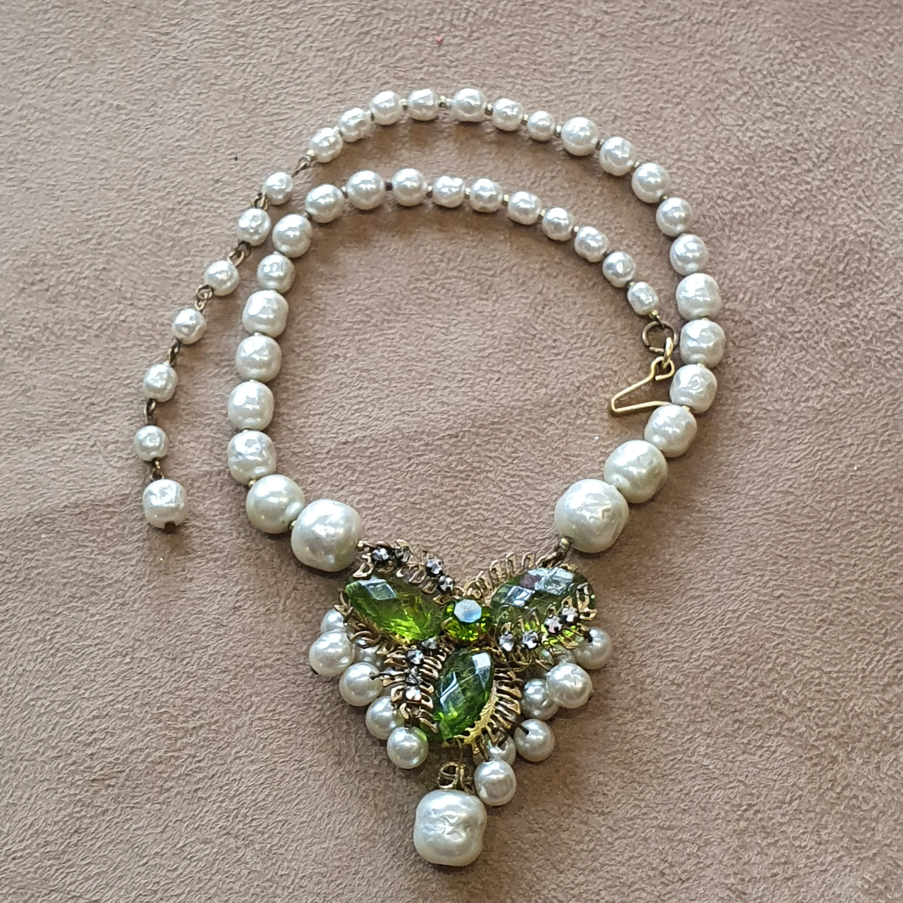 Miriam Haskell Vintage Necklace Pearl Green Glass