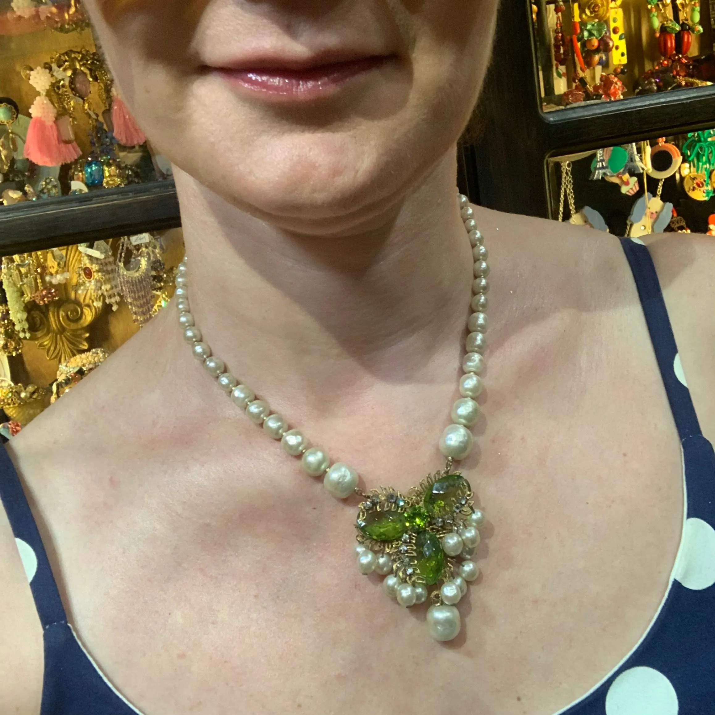 Miriam Haskell Vintage Necklace Pearl Green Glass