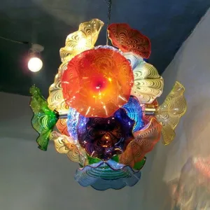 Modern Hand Blown Glass Chandelier Murano Art Light Flower Plates Lamp Home Living Room Decoration
