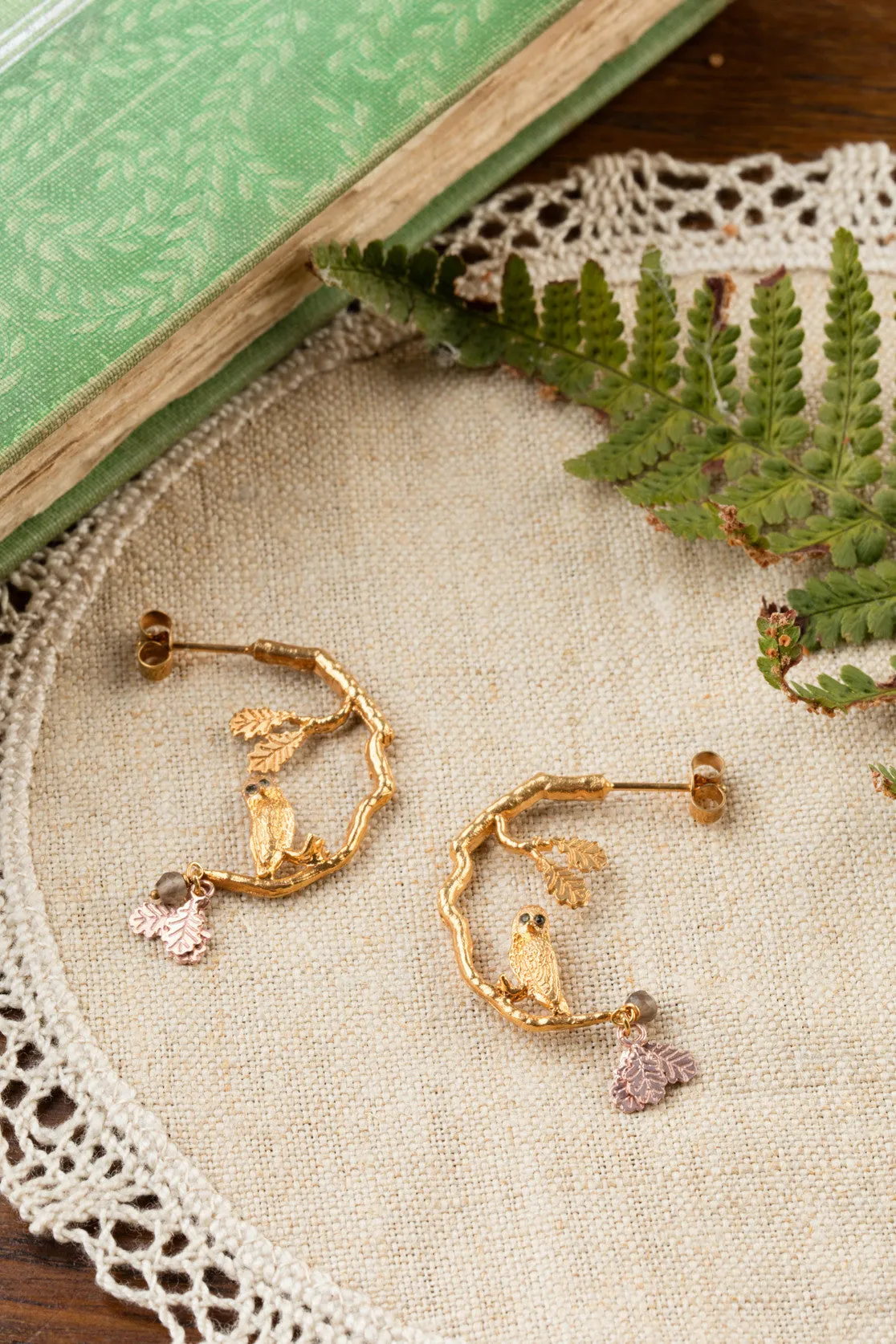 Owl In Tree Hoop Earrings