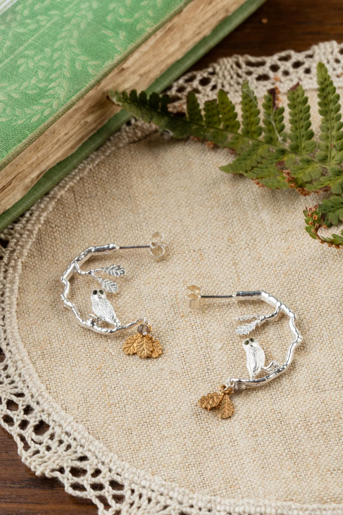 Owl In Tree Hoop Earrings
