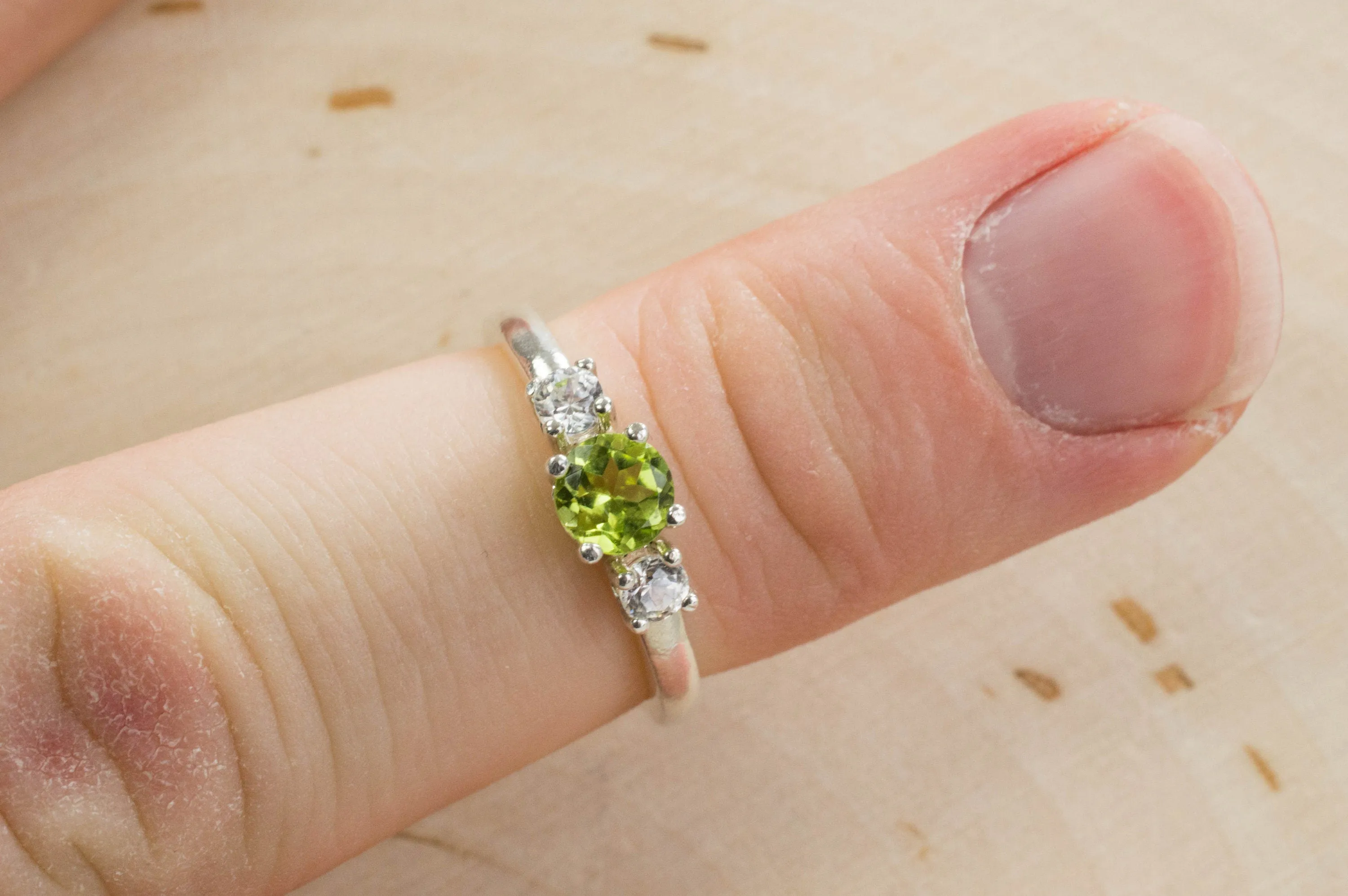 Peridot and White Zircon Sterling Silver Ring, Genuine Untreated Peridot and White Zircon
