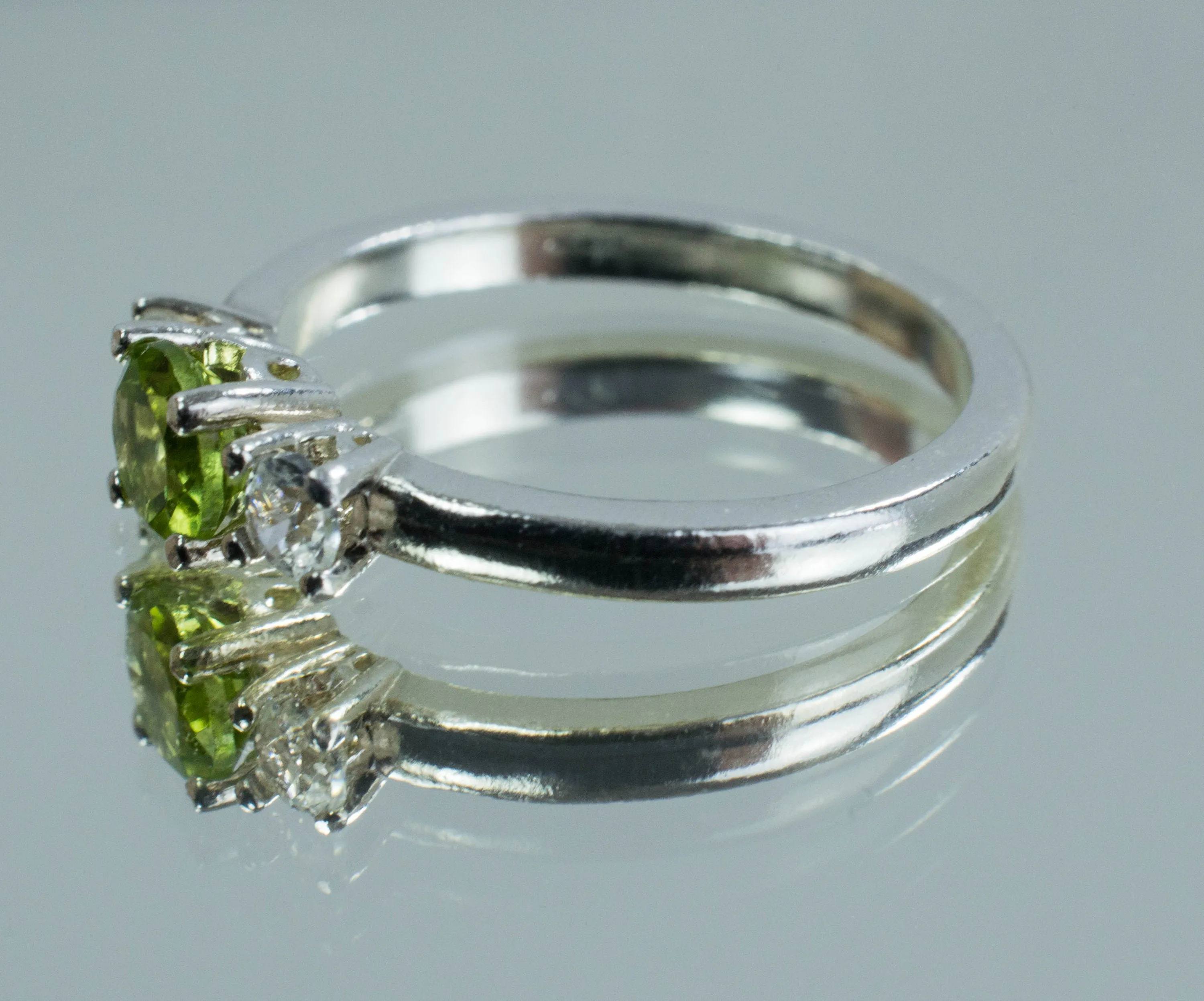 Peridot and White Zircon Sterling Silver Ring, Genuine Untreated Peridot and White Zircon