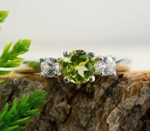 Peridot and White Zircon Sterling Silver Ring, Genuine Untreated Peridot and White Zircon