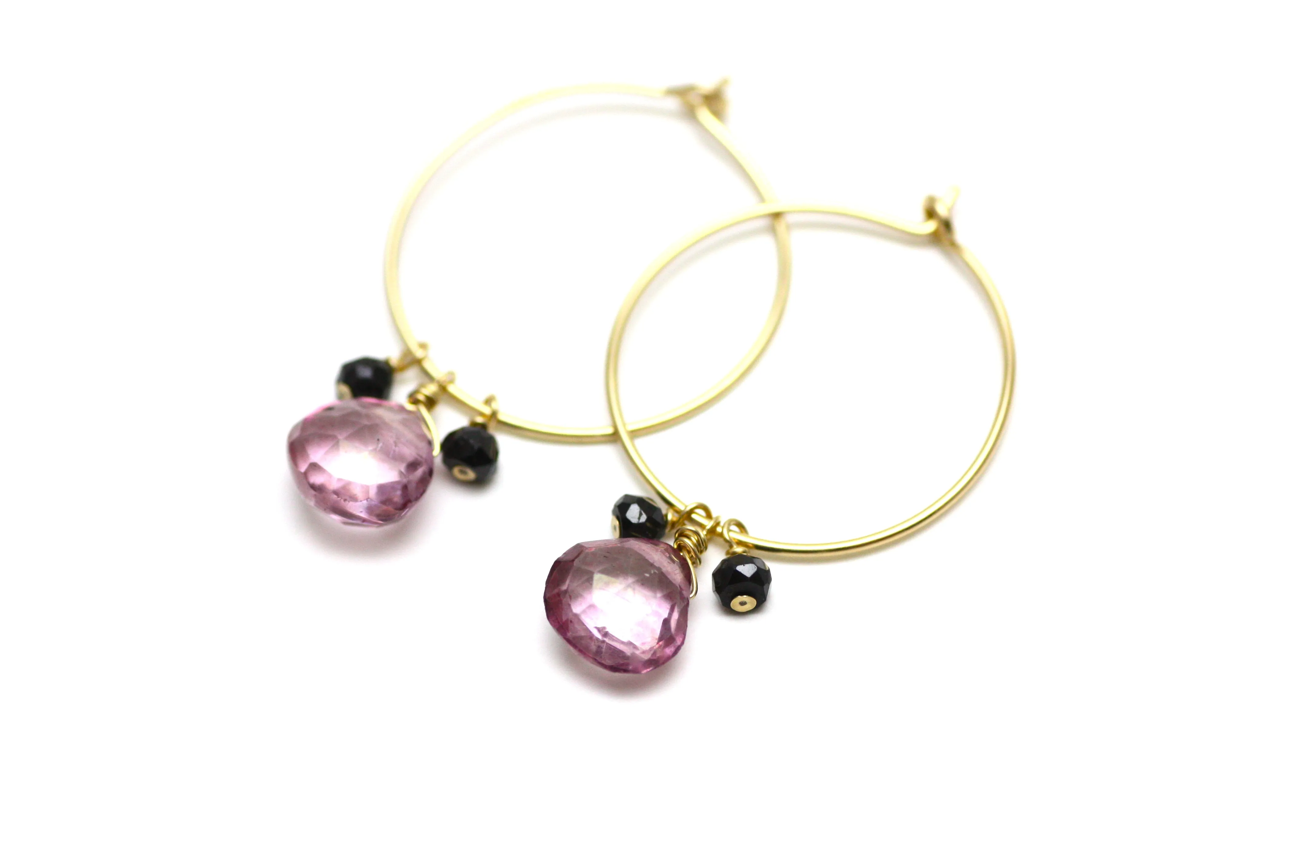 Pink Quartz and Black Spinel Hoop Earrings in Gold