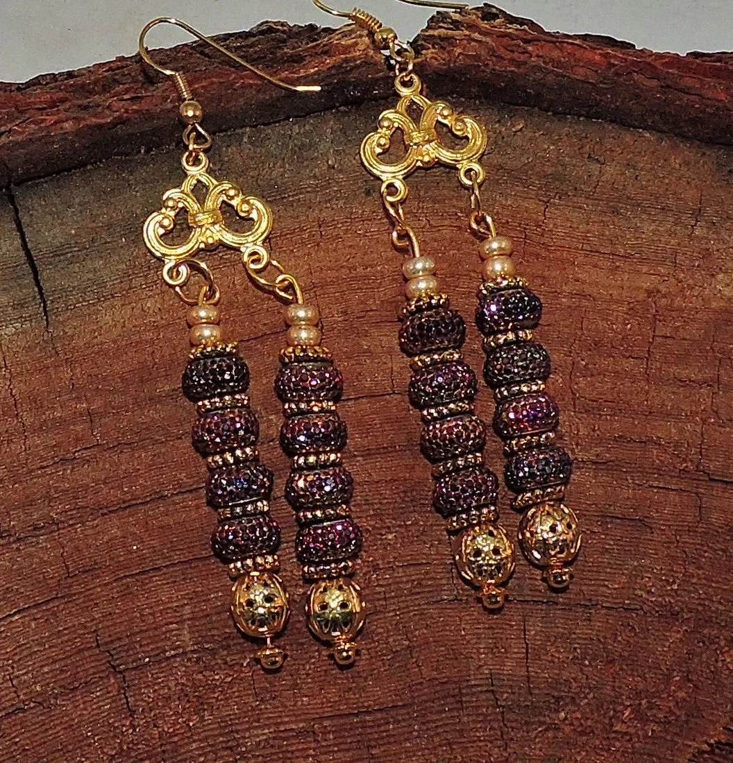 Purple Sparkle and Gold Bead Dangle Earrings