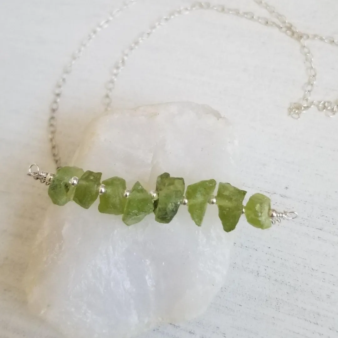 Raw Peridot Gemstone Bar Necklace
