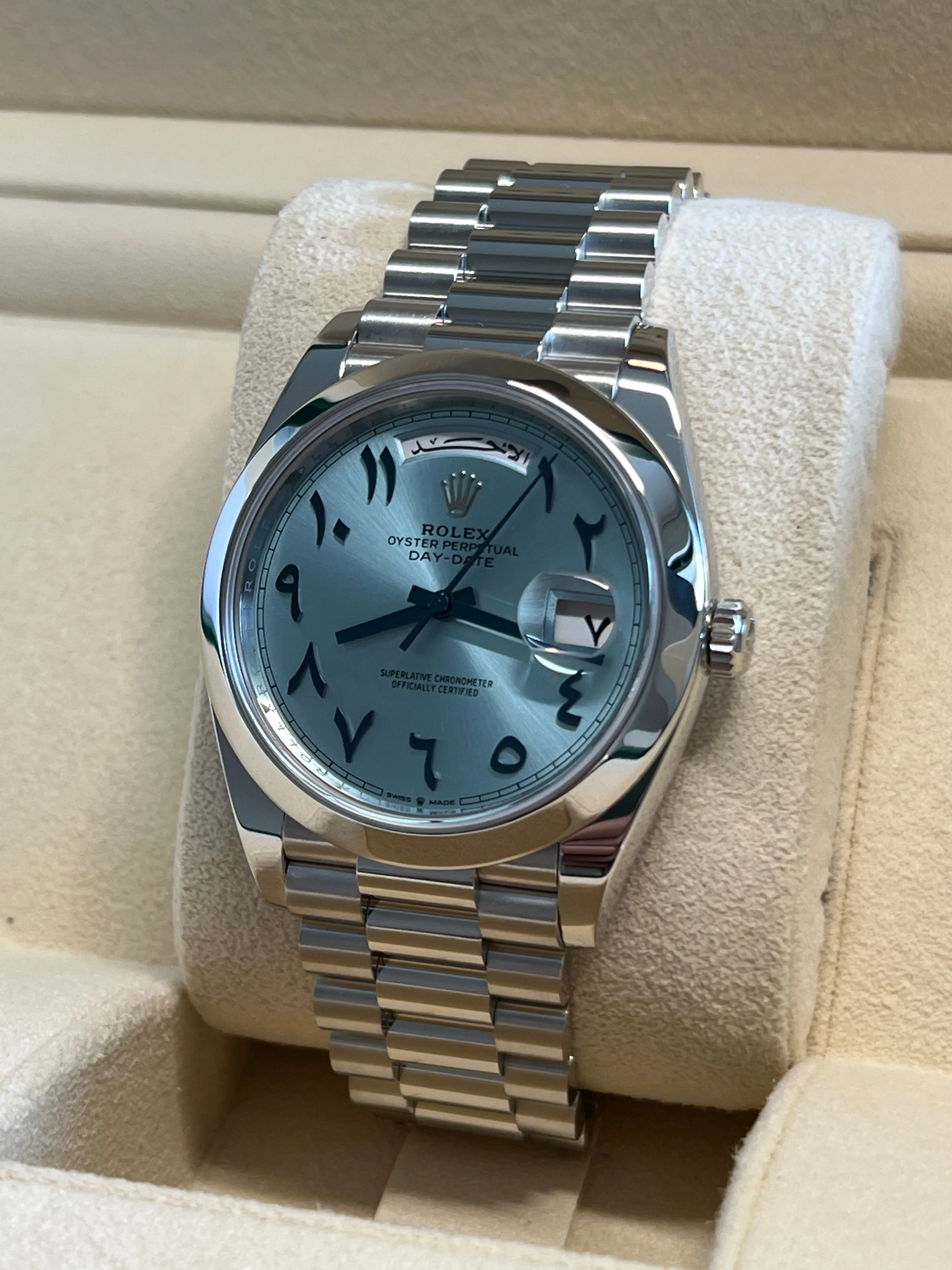 Rolex - Unworn Platinum Day-Date Presidential Ice Blue Arabic Dial 228206