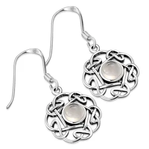 Rose Quartz Pink Stone Round Celtic Knot Silver Earrings
