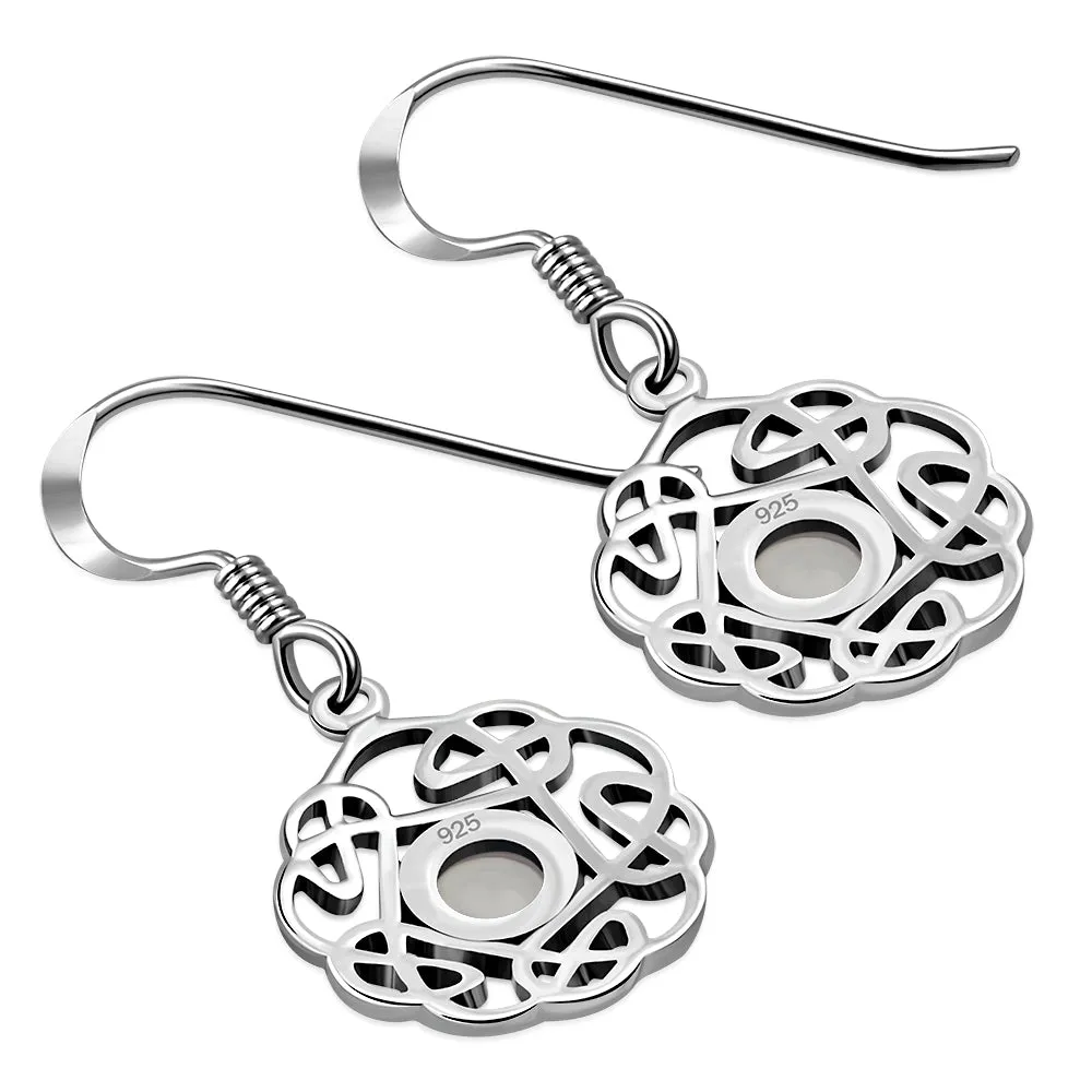 Rose Quartz Pink Stone Round Celtic Knot Silver Earrings