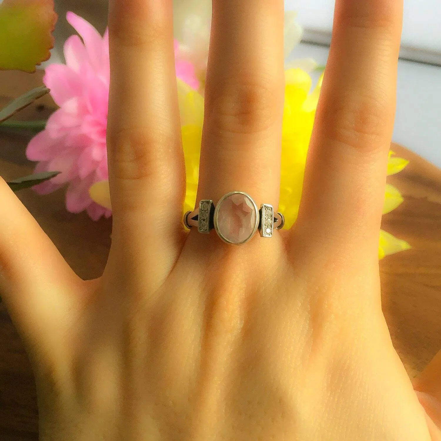 Rose Quartz Ring - Pink Oval Ring - Classy Bezel Ring