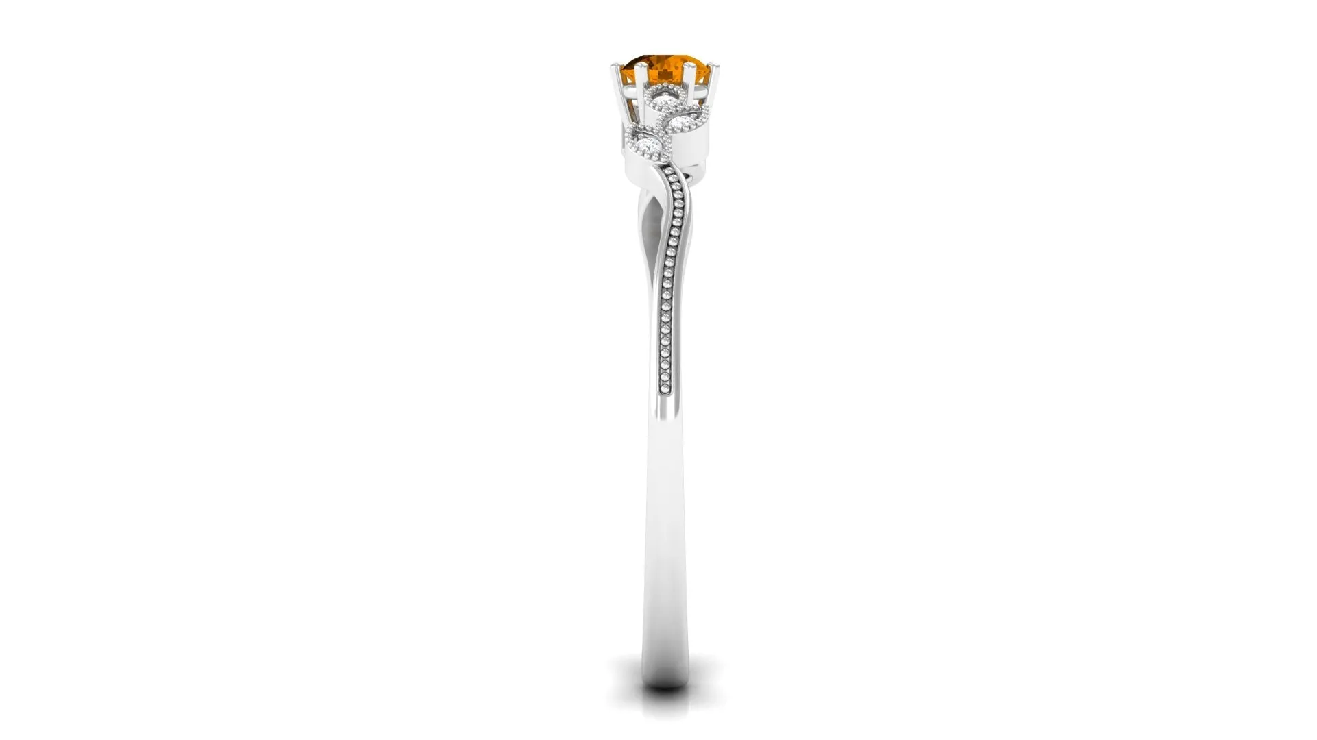 Round Citrine Minimal Leaf Promise Ring with Diamond