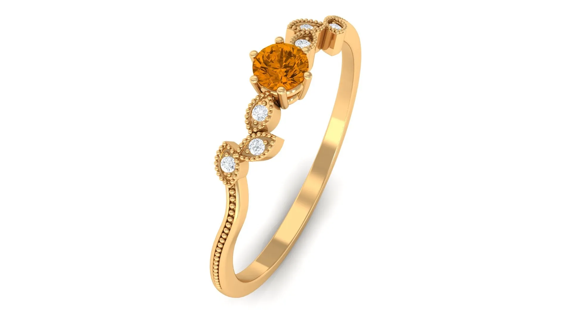 Round Citrine Minimal Leaf Promise Ring with Diamond