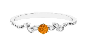 Round Citrine Minimal Leaf Promise Ring with Diamond