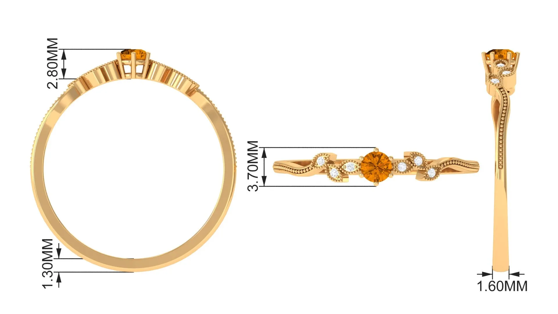 Round Citrine Minimal Leaf Promise Ring with Diamond