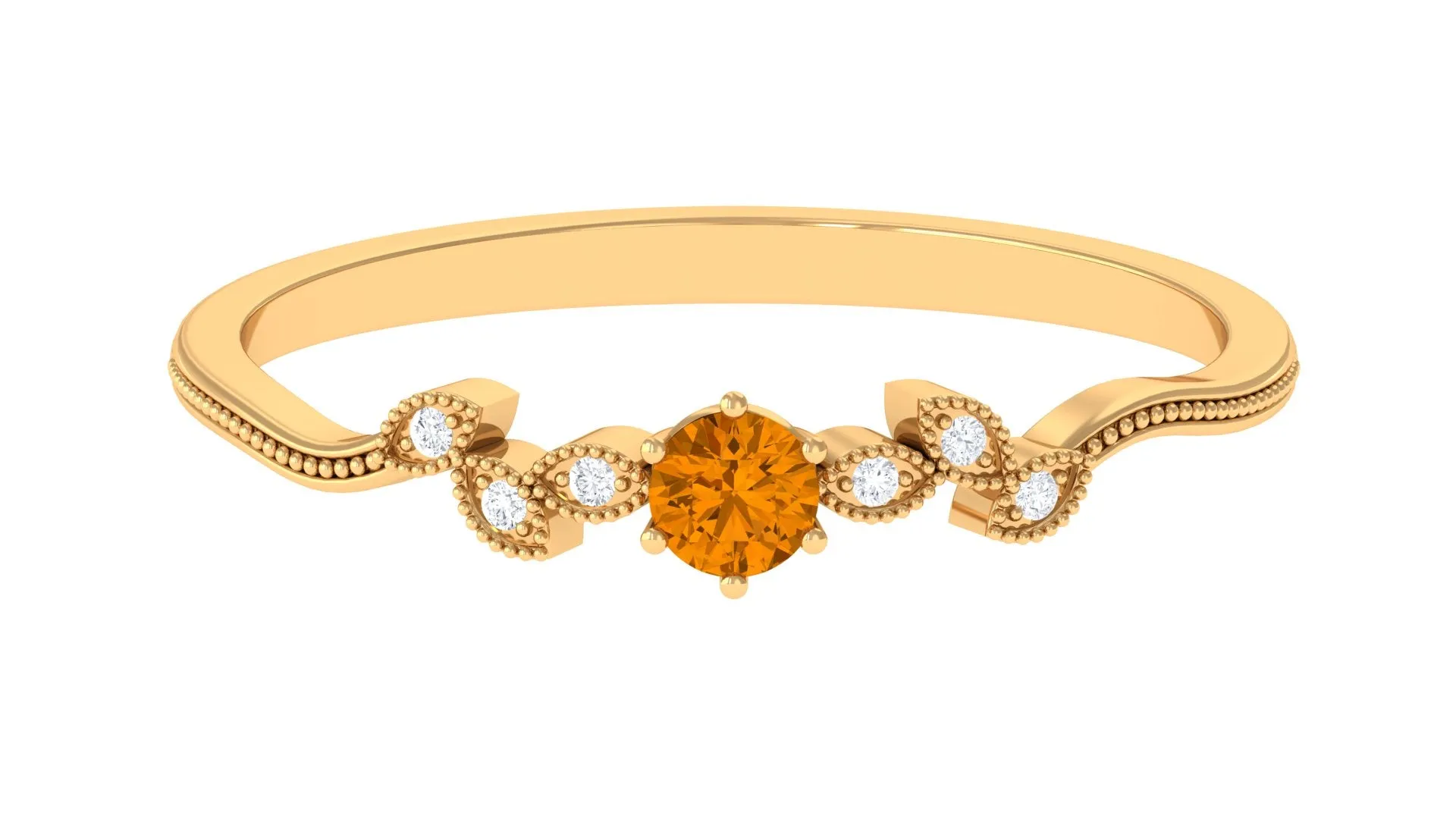 Round Citrine Minimal Leaf Promise Ring with Diamond