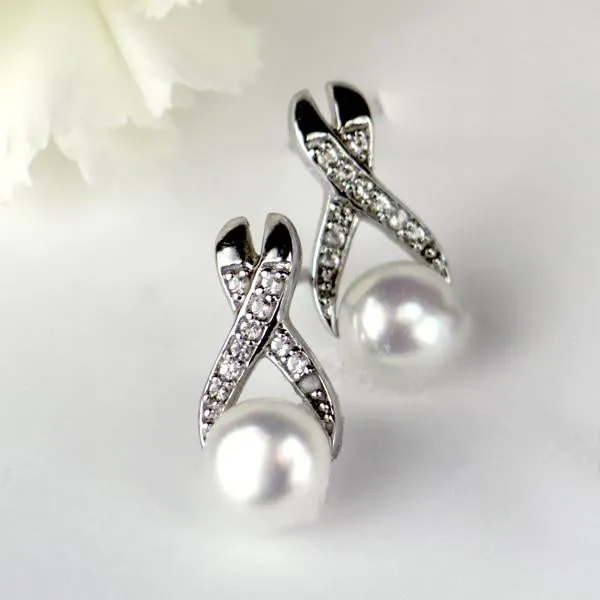 Silver Pearl and White Topaz Earrings