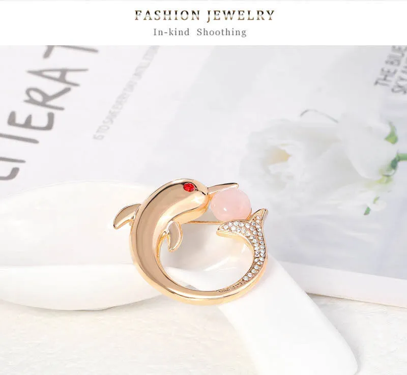 SISSLIA High Quality Fashion Cute Gold Plated Copper Natural Freshwater Pearl Jewelry Zircon Animal Brooch Dolphin Brooches
