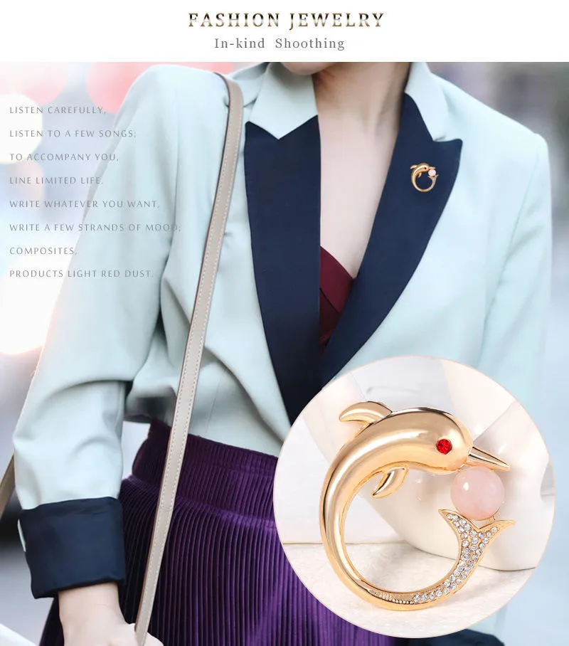 SISSLIA High Quality Fashion Cute Gold Plated Copper Natural Freshwater Pearl Jewelry Zircon Animal Brooch Dolphin Brooches