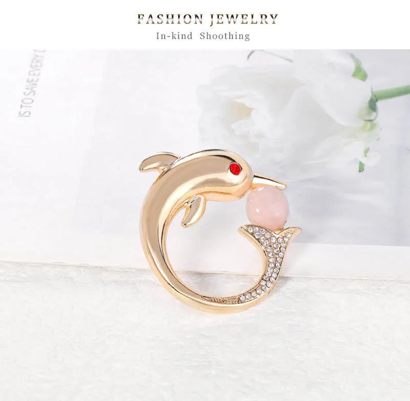 SISSLIA High Quality Fashion Cute Gold Plated Copper Natural Freshwater Pearl Jewelry Zircon Animal Brooch Dolphin Brooches