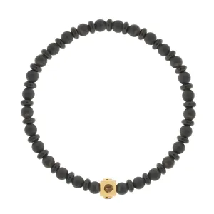 Small Gold Citrine Lego Cube on Onyx Beaded Bracelet