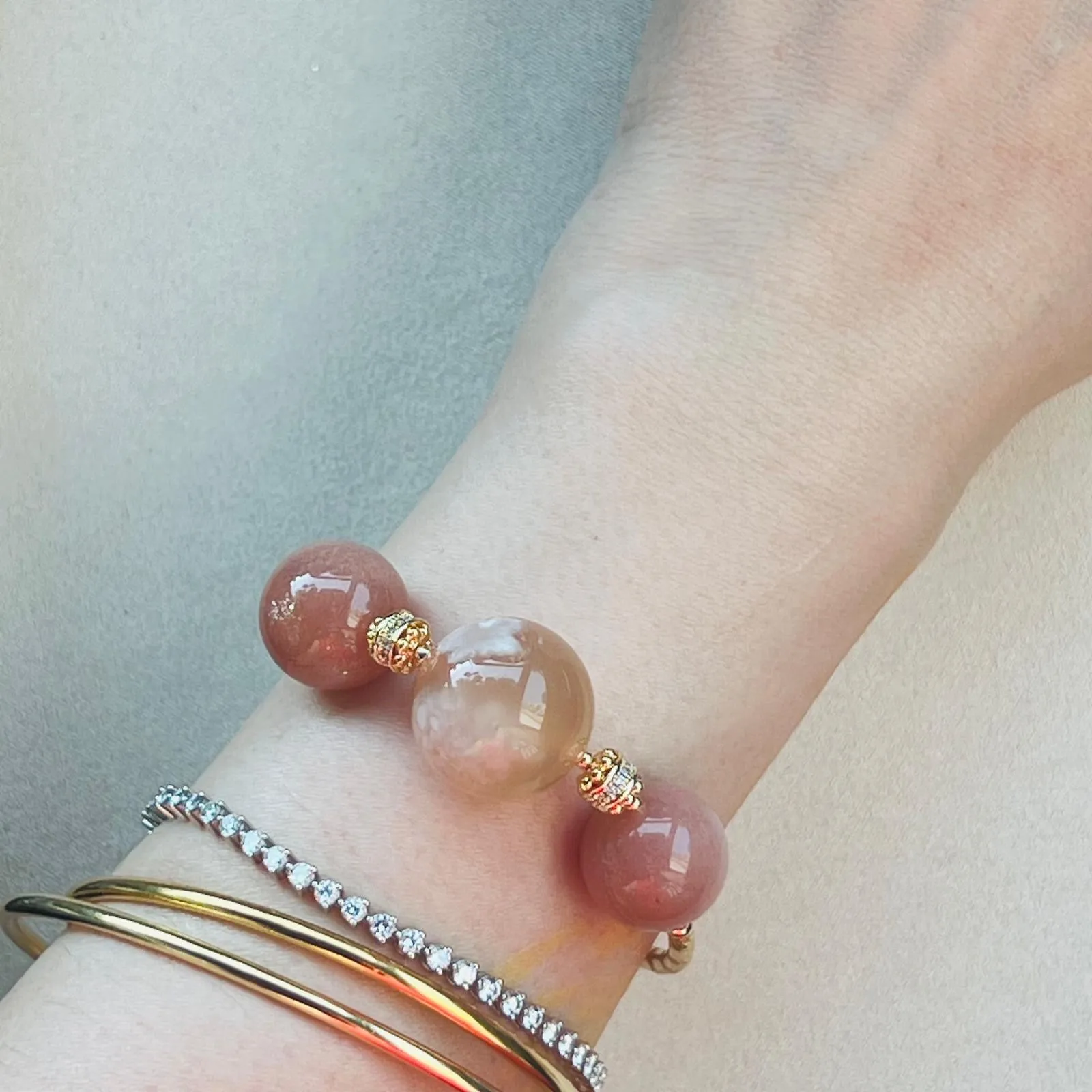 Smiling Sunstone & Sakura Agate Diadem Bracelet