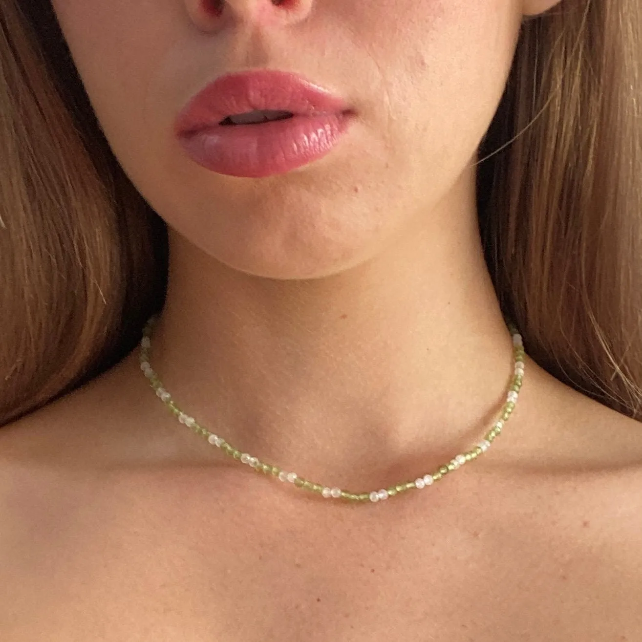 Solid 9 Carat Yellow Gold Peridot & Moonstone Necklace