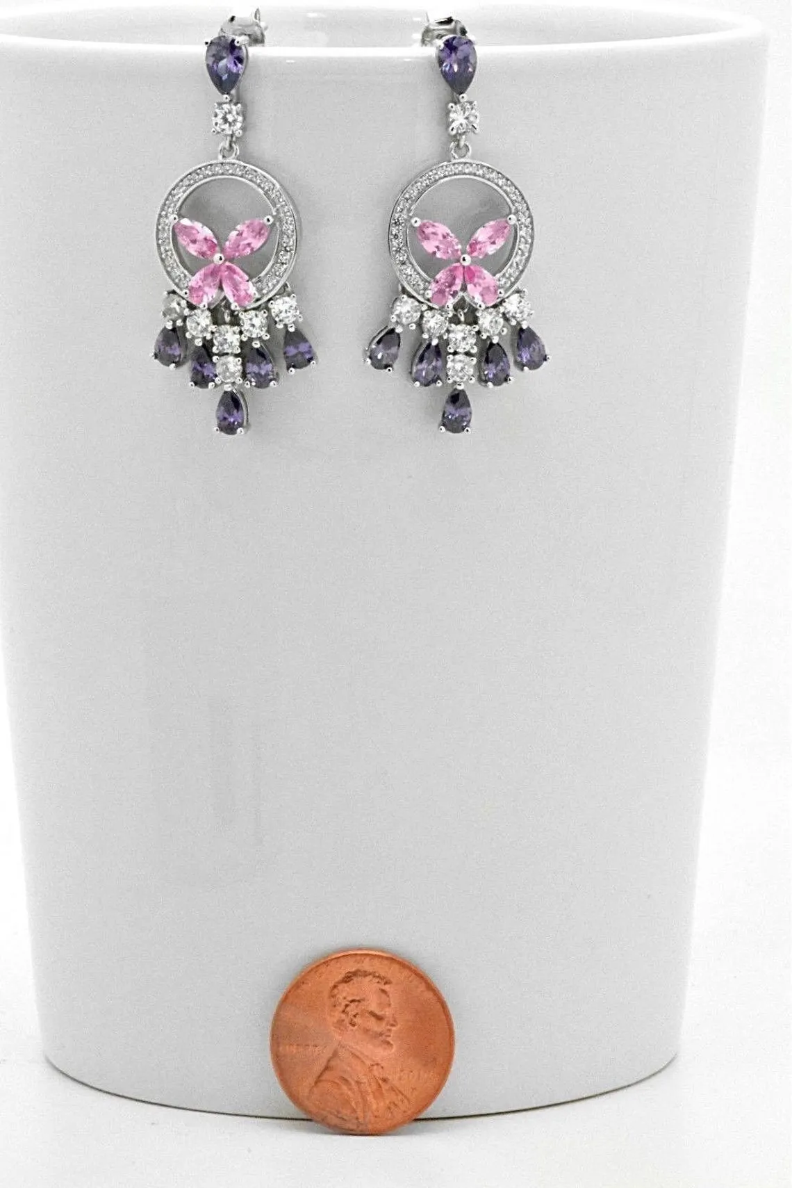 Sterling Silver Created Pink & Purple Chandelier Dangle Halo Earrings