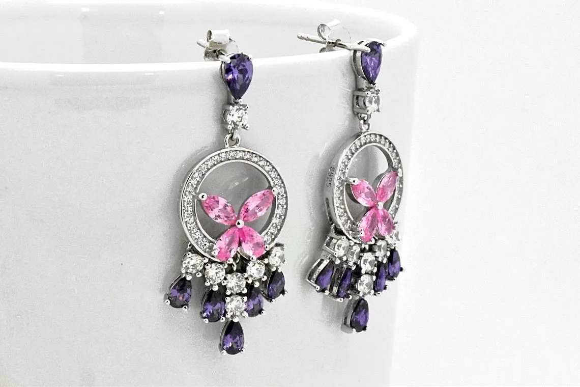Sterling Silver Created Pink & Purple Chandelier Dangle Halo Earrings
