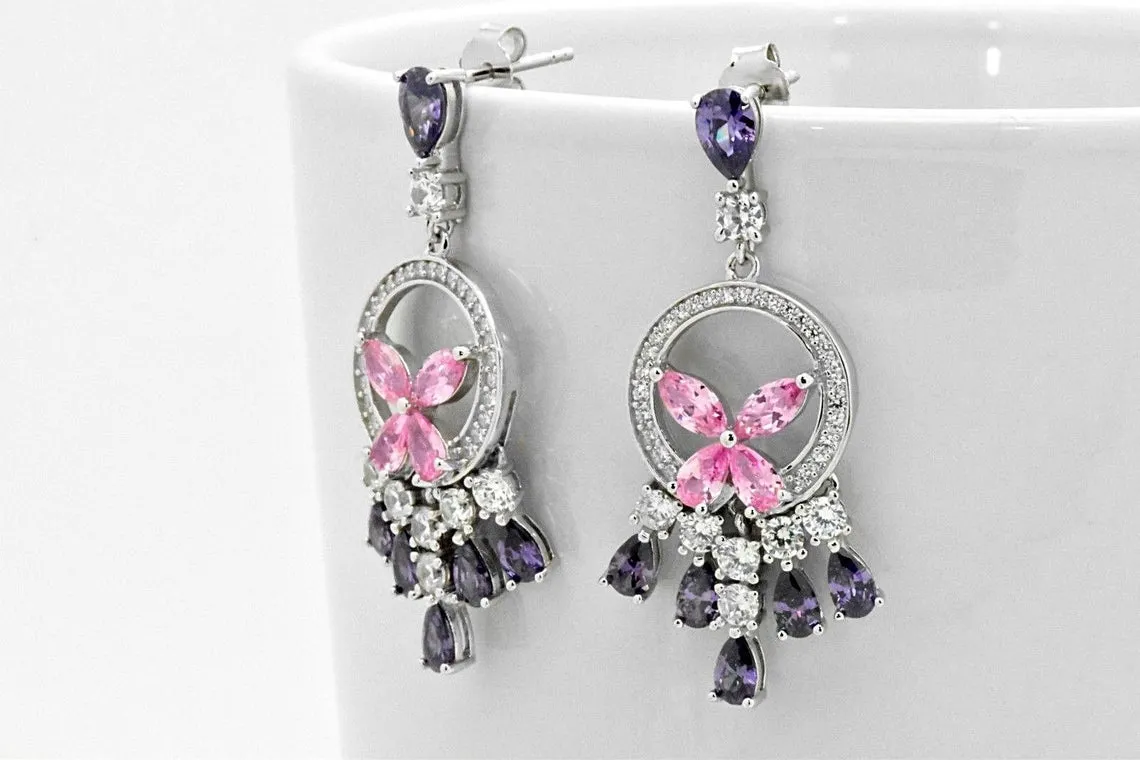 Sterling Silver Created Pink & Purple Chandelier Dangle Halo Earrings