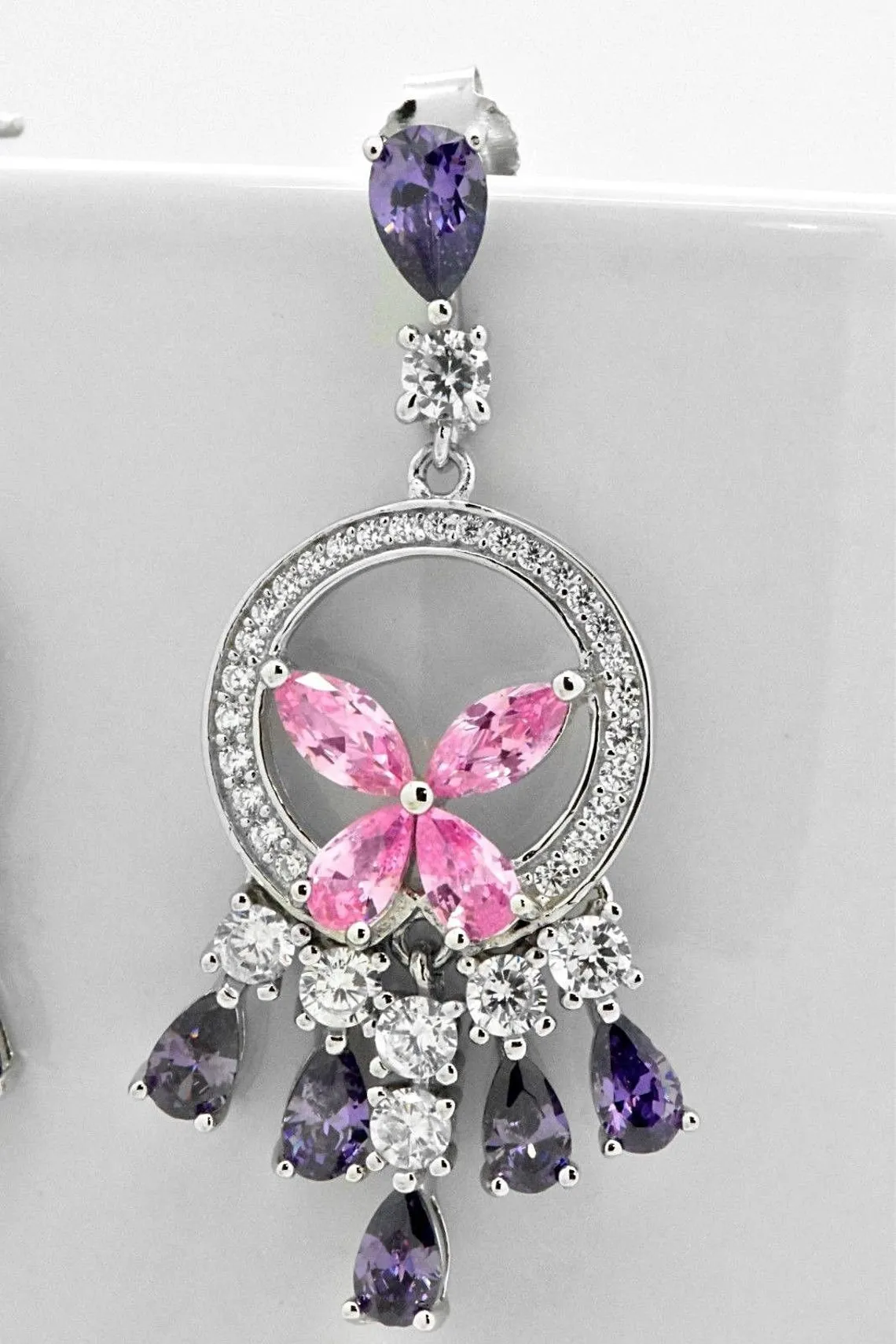 Sterling Silver Created Pink & Purple Chandelier Dangle Halo Earrings