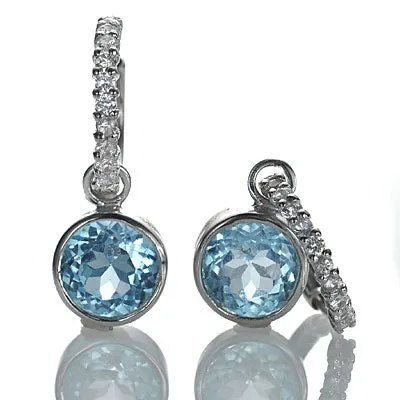 Sterling Silver Hoop and Charm Blue Topaz Earrings #7115E-BTWS