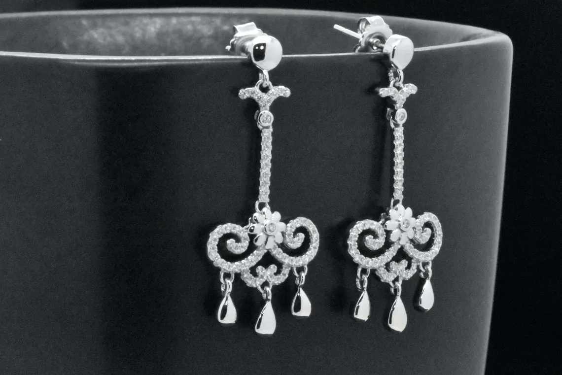 Sterling Silver Vintage Style Chandelier Simulated Diamonds Dangle Earrings